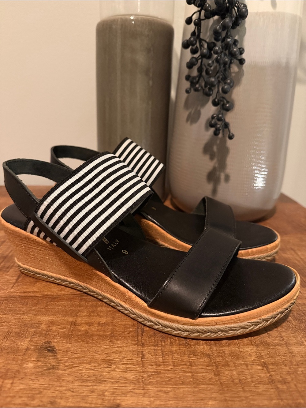 Italian Shoemakers Black Wedge Sandals with Striped Elastic Sling